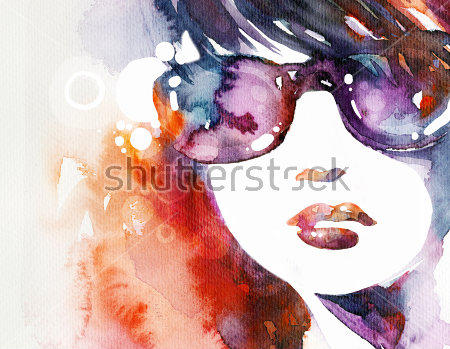 Картина Девушка в тёмных очках на фоне ярких акварельных пятен 