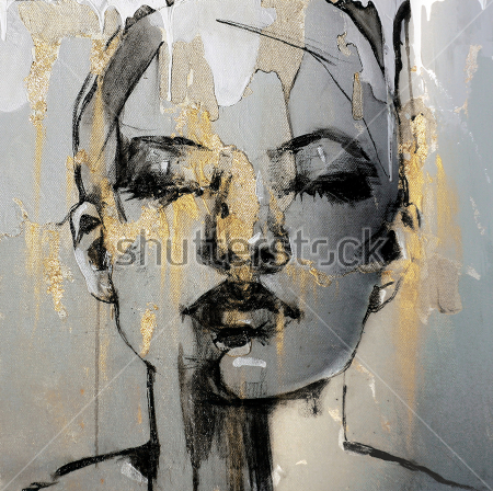 Картина Портрет девушки на сером фоне с пятнами и брызгами золотой краски и сколами штукатурки 