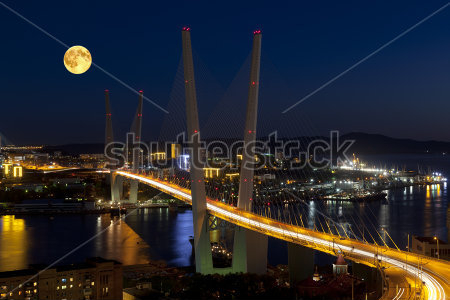 Картина Красивая панорама ночного Владивостока в полнолуние с видом на Золотой мост 