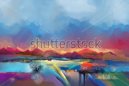 Картина Красивый закат над деревенькой у озера 