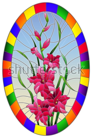 Картина маслом Иллюстрация в витражном стиле - цветы гладиолуса в овальной разноцветной раме 