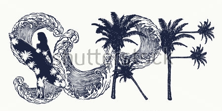 Картина Чёрно-белая стилизованная надпись с волнами, пальмами и девушкой с доской для сёрфинга 
