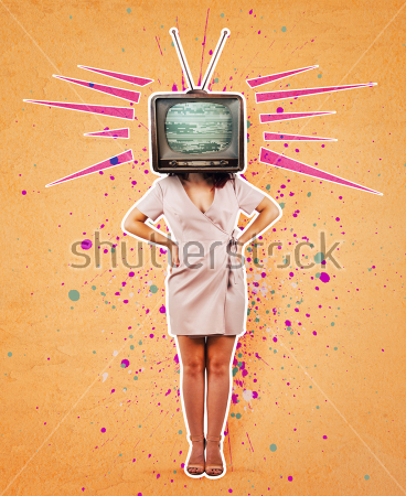 Картина Забавный коллаж с женщиной в домашнем халате и телевизором вместо головы на фоне акварельных брызг 