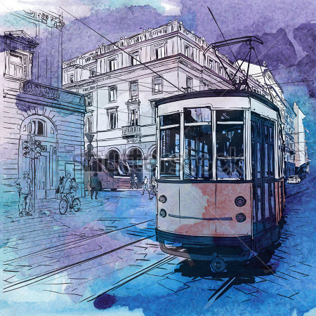 Купить картину Иллюстрация старого трамвая на улице города на  сине-сиреневом акварельном фоне на стену от 530 руб. в DasArt