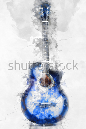 Картина Красивая гитара в прозрачных акварельных пятнах и брызгах 