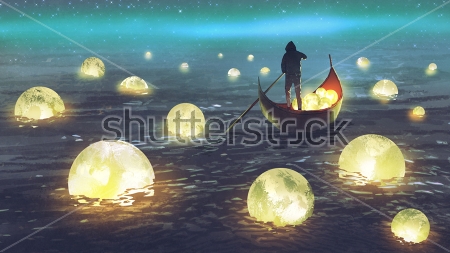 Картина Мужчина в лодке на море ночью, собиратель Лун  