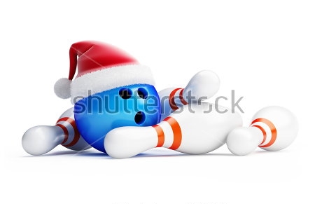 Картина Новогодний боулинг с шаром в шапке Санта-Клауса и белыми кеглями 