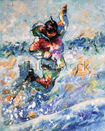 Картина Акварельная красочная иллюстрация с выполняющим трюк сноубордистом в снежных горах 