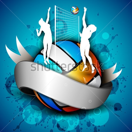 Картина Красивый коллаж из волейбольной сетки, яркого мяча, двух белых силуэтов девушек и размытых кругов на синем фоне 