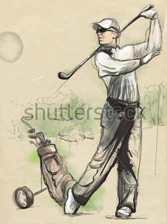Картина маслом Иллюстрация с гольфистом, только что ударившем клюшкой мяч 