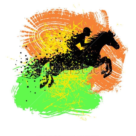 Картина Красочная иллюстрация мчащегося всадника на лошади на фоне ярких пятен 