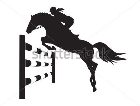 Картина Силуэт всадницы на лошади перед прыжком через барьер 