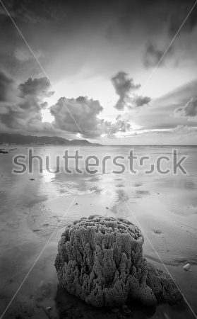 Картина Пейзаж с фигурой из песка на морском побережье с красивыми облаками 