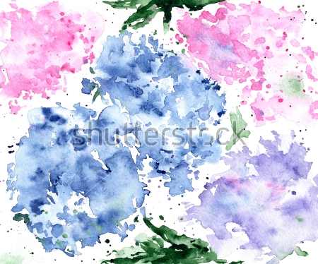 Картина Абстрактная акварельная иллюстрация с голубыми и розовыми гортензиями 