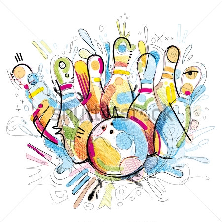 Картина Красивая красочная иллюстрация с кеглями и шаром для боулинга, нарисованная цветными карандашами 