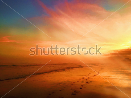 Постер Красивый закат на песчаном берегу моря  