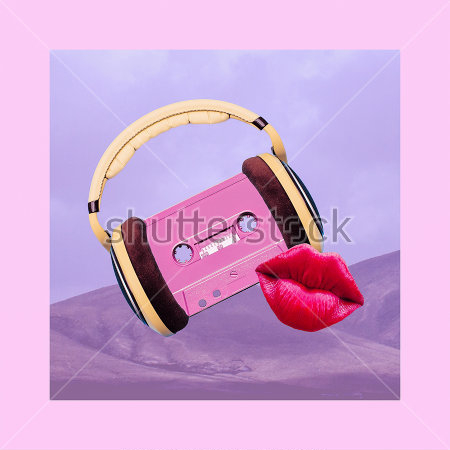 Картина Яркий коллаж с аудиокассетой в наушниках, яркими красными губами на фоне горного пейзажа в квадрате 