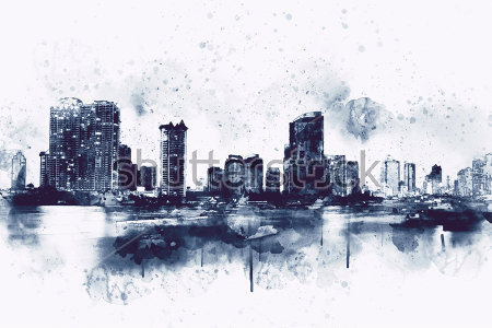 Картина Акварельная монохромная иллюстрация городского пейзажа 