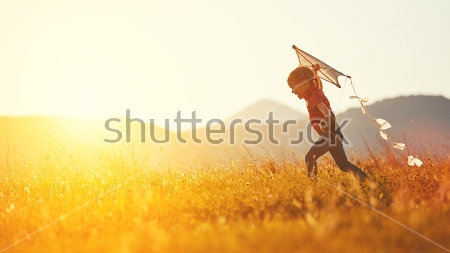 Картина Счастливая девочка с воздушным змеем бежит по летнему лугу, залитому солнцем 