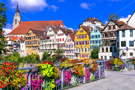 Картина Городской пейзаж Баден-Бадена с красивыми цветочными клумбами на улицах города 