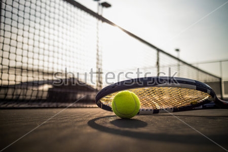Картина Теннисный мяч и ракетка на корте в лучах солнечного света 