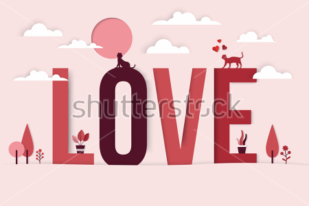 Картина Симпатичная иллюстрация истории влюблённых кошек в розово-красной гамме - вокруг слова Любовь 