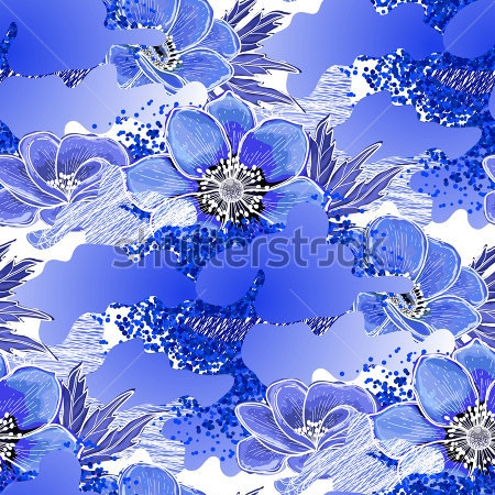 Картина Монохромный коллаж с цветами анемон и облачков в сине-голубой палитре 