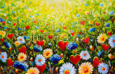 Постер Солнечная поляна с разноцветными цветами и сердечками 