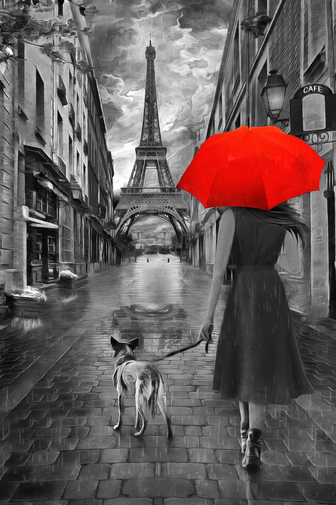 Купить картину Прогулка по Парижу девушки с собакой и красным зонтом на  стену от 530 руб. в DasArt