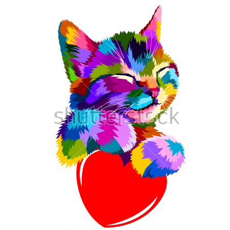 Картина Милый разноцветный котёнок с красным сердечком на белом фоне 