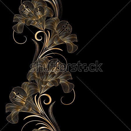 Постер Гирлянда из золотистых цветов на чёрном фоне  