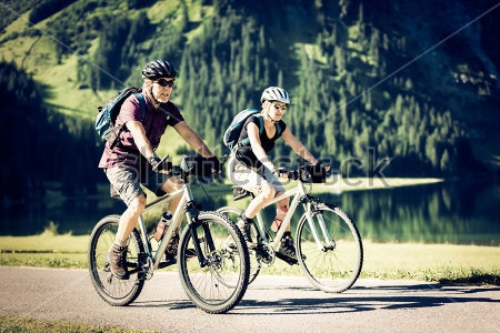 Картина маслом Пожилая пара велосипедистов на фоне красивого пейзажа с озером 