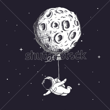 Картина Забавная иллюстрация летящего на воздушном шаре-Луне космонавта 