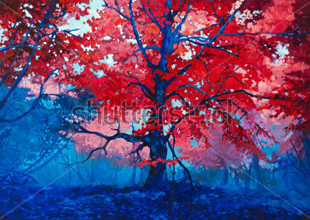 Постер Яркая композиция с красным деревом в синем лесу  