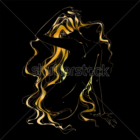 Постер Силуэт обнажённой девушки с длинными золотыми волосами 