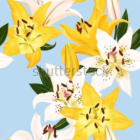 Картина Яркая иллюстрация с белыми и жёлтыми цветами лилии на нежном голубом фоне 