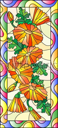 Картина Яркая иллюстрация оранжевой гирлянды цветов и бутонов календулы в витражном стиле на желтоватом фоне 