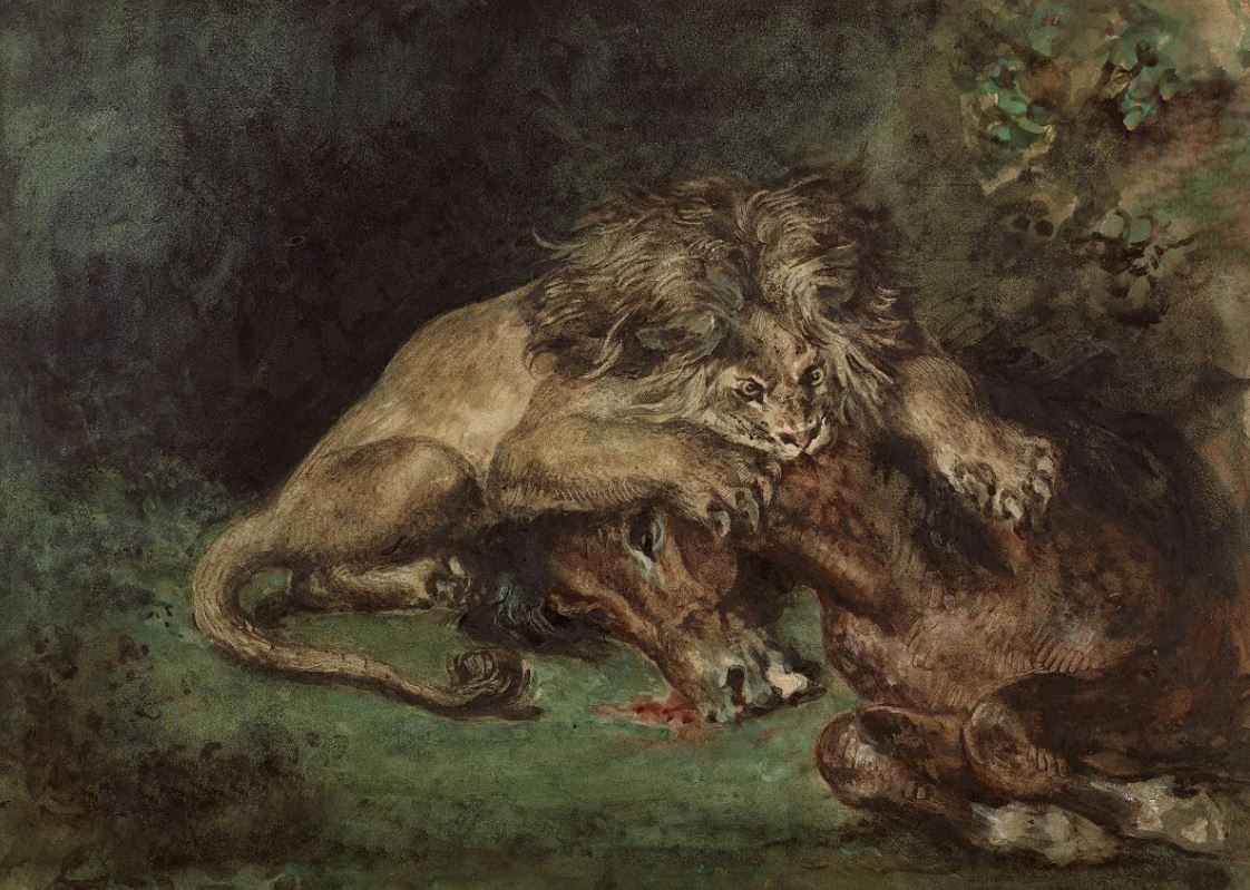 Постер Лев пожирает лошадь (1844)  
