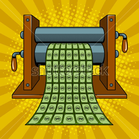 Картина Яркая иллюстрация с денежной печатной машиной на фоне золотых лучей и бликов в виде кругов 