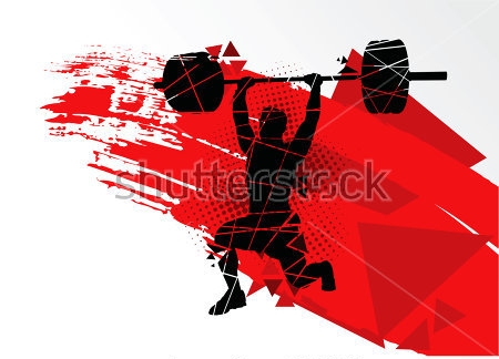 Картина Яркий красно-чёрный коллаж из треугольников, широкого мазка кисти и силуэта штангиста 
