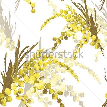 Картина Коллаж с веточками жёлтой мимозы на белом фоне 