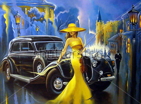 Картина Девушка в жёлтом платье со скрипкой на фоне красивого автомобиля и ночного города 