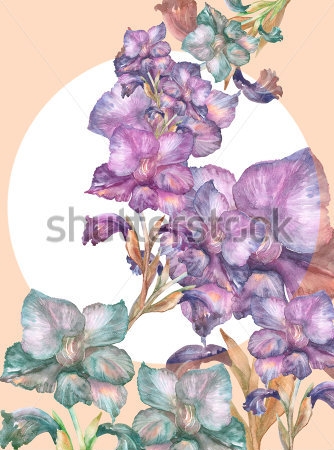 Картина Красочная иллюстрация с акварельной гирляндой фиолетовых цветов гладиолуса на фоне белого круга 