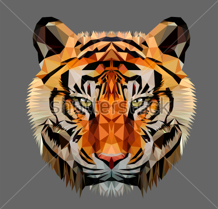 Картина Разноцветная голова тигра из треугольников на сером фоне 