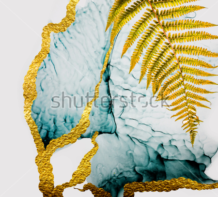 Картина Красивый коллаж с золотым листом папоротника и золотыми ветками на серо-голубом фоне 