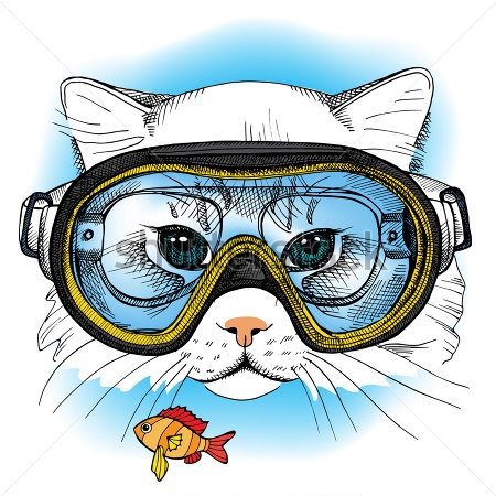 Картина Забавный кот в маске для дайвинга и маленькая рыбка 