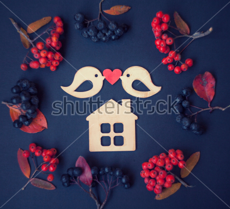 Картина Красивая композиция с влюблёнными птичками с сердечком, домиком и гроздьями чёрной и красной рябины на синем фоне 