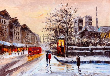 Картина Зима на улицах Лондона - вечерний пейзаж 