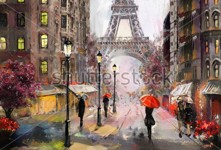 Картина Люди с яркими зонтиками на улице Парижа с видом на Эйфелеву башню 