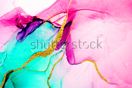 Картина Красивое сочетание оттенков пурпурного и бирюзового цвета с золотыми нитями и брызгами 